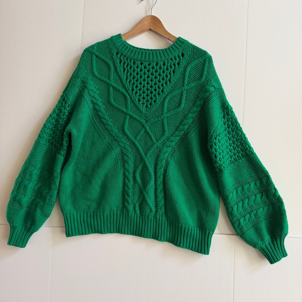 Honey Punch‎ green Cable Knit Crewneck Bell Sleeve Sweater Size L